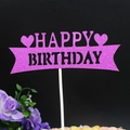 Pink glitter Happy Birthday cake topper with two heart shapes on a white stick - Strip HB Rose Red