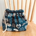 Detail of navy blue Japanese drawstring bento bag with white cat patterns on wooden chair - Blue White Cat Head