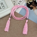 Braided pink waist rope belt with silk tassels and vintage metal beads for women - Pink