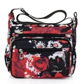 Black nylon crossbody bag with red and white daisy floral print and multi-zipper pockets - 816 Big Red Flowers