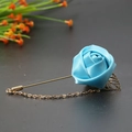 Handmade sky blue satin rose brooch with gold chain and delicate leaf pendant - Blue