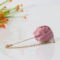 Pink satin rose lapel pin with gold long needle and leaf chain accessory for suits - Dusty Pink