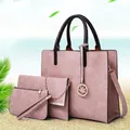 Three-piece women's tote bag set in marble print pink faux leather with gold maple leaf charm - Pink
