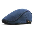Navy blue breathable cotton-linen newsboy cap with adjustable vintage metal buckle side - Adjustable / Navy Blue
