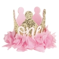 Goldene Krone mit rosa Chiffon-Rüschen und „one“ Schriftzug für den ersten Geburtstag - 1 Jahr alt / Gold