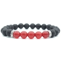 Black lava rock and red transparent beaded bracelet with silver scroll spacers - Red Stone