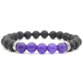 Macro detail of 8mm black lava stone and purple translucent bead bracelet with silver spacers - Purple Stone