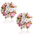 Pink and white ceramic rose flower stud earrings with gold leaves and crystal accents - White & Pink Flower Ball