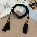 Ethnic style black microfiber suede waist chain with gold hollowed tassel accents - Black