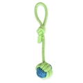 Detail of durable hand-woven cotton rope dog toy in green and white for teeth cleaning - Lime White Blue Tri-Color Rope Ball No.3 (B10206)