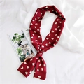 Detail of burgundy wine silk neck scarf with white heart print on satin fabric - Red Heart