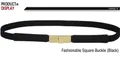 Detail view of black elastic belt featuring a minimalist light gold square metal buckle - Square Buckle (Black)