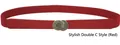 Detail of red elastic waist belt with textured gold double-C buckle on white background - Interlocking Knot Style (Red)