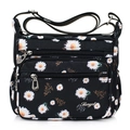 Black nylon shoulder bag with white daisy print and multiple zip pockets for women - 816 Sunflower