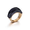 Polished gold stainless steel wide ring featuring a geometric black crystal setting - US 6 / Dark Gray (KR44979-K)