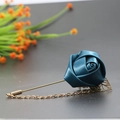 Handmade dark teal satin rose brooch with golden leaf and chain for suit lapels - Indigo