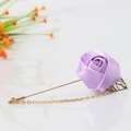 Elegant purple satin rose brooch pin with gold hollow leaf and delicate metal chain charm - Light Purple