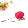 Elegant red satin rose lapel pin with long gold needle and hollow leaf pendant chain - Rose Red
