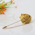 Golden satin rose lapel pin with long metal needle and decorative hanging chain - Gold