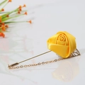 Handmade yellow silk rose lapel pin with gold chain and leaf for suits and shirts - Yellow