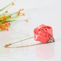 Elegant coral satin rose boutonniere with golden leaf and chain for suits and shirts - Watermelon red