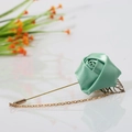Elegant light green silk rose brooch with gold chain and leaf detail for suits - Green