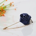 Elegant navy blue rose brooch with golden hollow leaves and fine chain for suits - Navy Blue