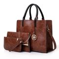 3-piece brown PU leather handbag set with tote, chain bag, and maple leaf charm - Brown