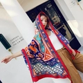 Bohemian print cotton linen shawl scarf in vibrant red and blue with tassels for beach use - 180*90CM / 37112-Red Floral