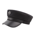 Black wool navy hat with PU leather brim and silver cross emblem in a side-view profile - Approx. 58cm / Black Leather Strap