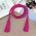 Braided rose red rope belt featuring silk tassels and silver hollow metal beads - Rose Red
