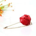 Handmade red satin rose brooch with silver chain and hollow leaf for suit lapels - Burgundy