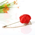 Handmade red satin rose boutonniere with golden leaf and chain for suit lapels - Red