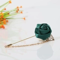 Handmade dark green satin rose brooch with gold leaf and hanging chain for suits - Dark Green