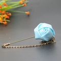 Light blue satin rose brooch with gold leaf chain pendant for suit and shirt - Light Blue