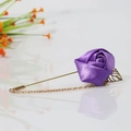 Handmade purple satin rose brooch with gold long pin, chain and hollow leaf pendant - Dark Purple