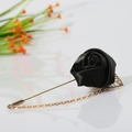 Elegant black satin rose brooch with gold leaf chain for suit lapels and shirts - Black