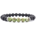 Neutral 8mm black lava stone bracelet with green textured marble beads and silver spacers - Emperor Stone