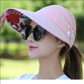 Pink wide brim sun visor with floral lining, pearl flower detail and fashion design - Leaf Pearl Decor / Pink