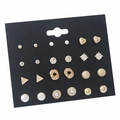 Set of 12 pairs of geometric pearl and crystal stud earrings on black card - Gold Series Stud Earring Set (12 Pairs) / 12 Pairs Set