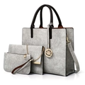 Three-piece grey marble pattern leather tote bag set with brown handles and leaf charm - Light Gray