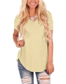 Women's V-neck knit short sleeve T-shirt in light yellow with a curved hemline - S / Tops / Yellow