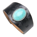 Ethnic wide black leather bracelet featuring an oval turquoise stone with silver embossing - Black