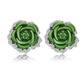 Green rose stud earrings with white crystal halo and polished silver-tone base on white background - Green