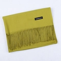 Olive green cashmere scarf with fringe details and woven label on a white background - Autumn Green / 68x200cm