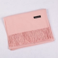 Pink cashmere scarf with fringe details and woven label on white textured background - Light Pink / 68x200cm