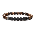 Elastic beaded bracelet with tiger eye stones and black volcanic rock beads with metal accents - Tiger Eye with Black Lava Stone