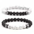 Elastic beaded bracelet set featuring white marble turquoise and black volcanic lava stone - White Turquoise Beaded Bracelet Mix