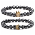 Set di 2 bracciali con corona in zircone e pietre ematite magnetiche sfaccettate 8mm - Set Piccola Corona + Grande Corona
