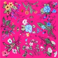 Morning glory printed satin silk square scarf with floral and insect patterns on rose red background - Rose Red